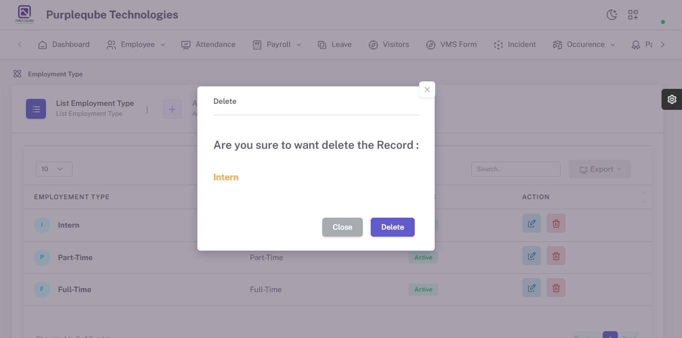 Delete confirmation dialog showing the employment type name to be deleted